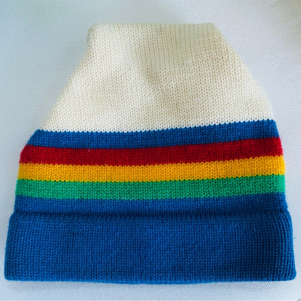 1970s 80s Meister Winter Ski Hat Beanie 100% Wool Rainbow Primary Colors